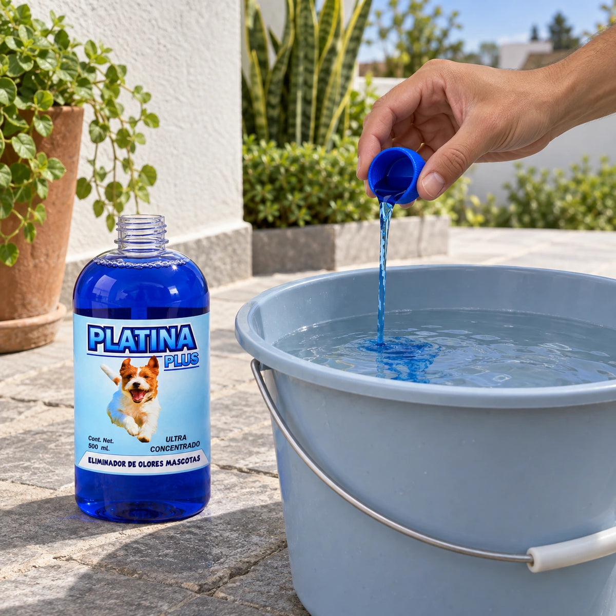 Una tapita de Platina PLUS en una cubeta de agua